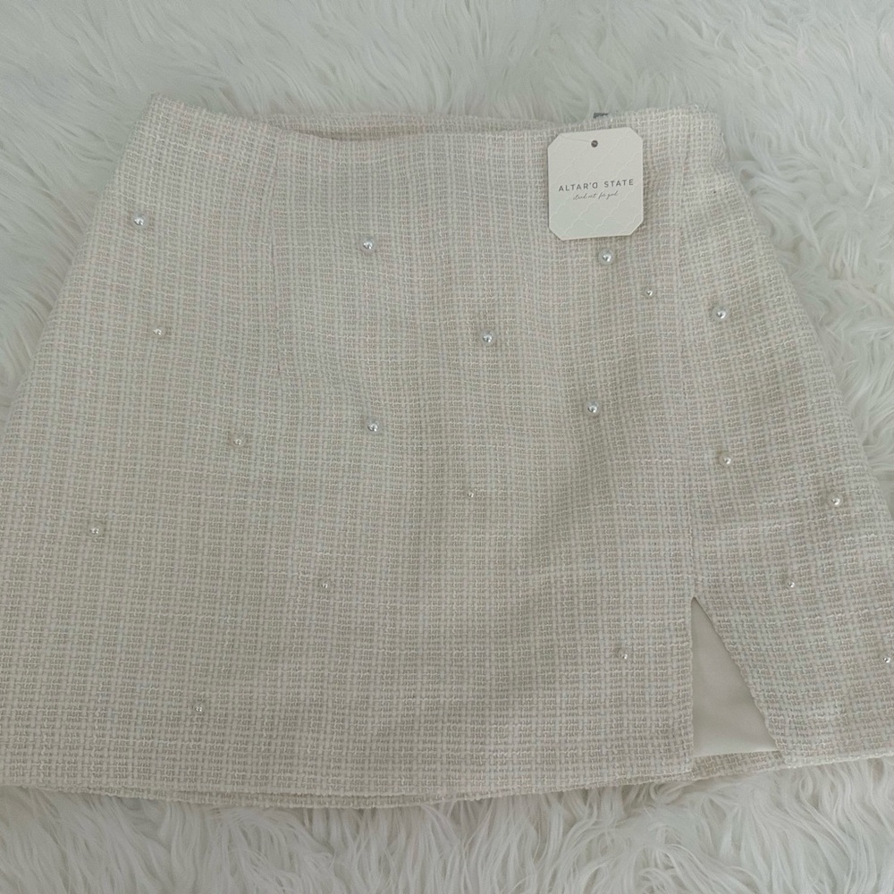Altar'd State Ivory Tweed Pearl-Accent Mini Skirt